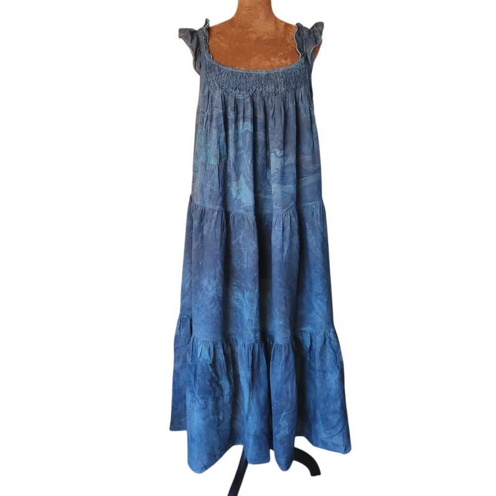 St. Roche Dress Marbled Rowena Organic Cotton Hand Smocking Blue Maxi M Pockets